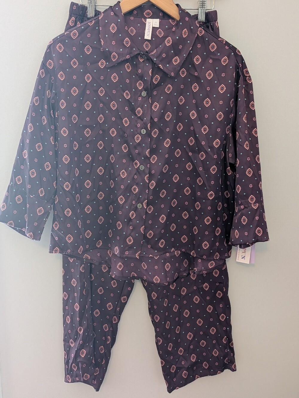 NWT Joyspun Purple Medallion Print Satin PJ Set Small Button Top Pants